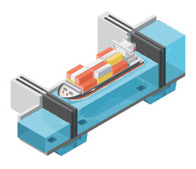 Ship at Panama Canal Expansion allows Transit Of Larger Ships with Greater water Volume isometric vector
