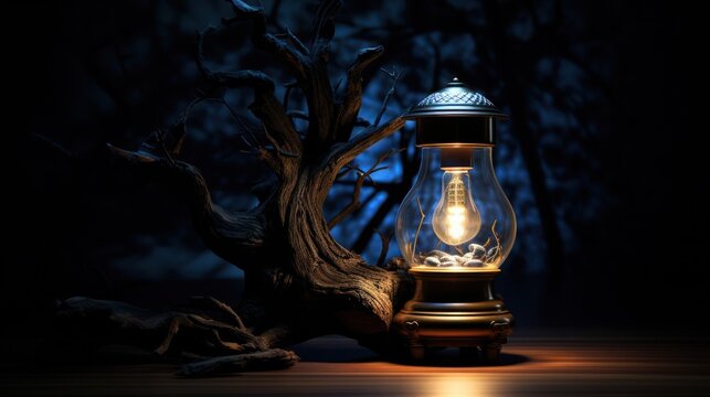 A close-up illustration of an interesting lamp in a spooky background