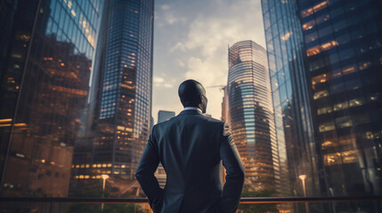Plakat young african american businessman standing at city skyscrapers background and looking in future, entrepreneur planning business