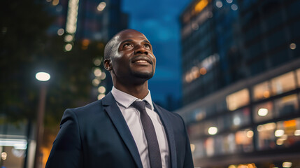 young african american businessman standing at city skyscrapers background and looking in future, entrepreneur planning business - obrazy, fototapety, plakaty