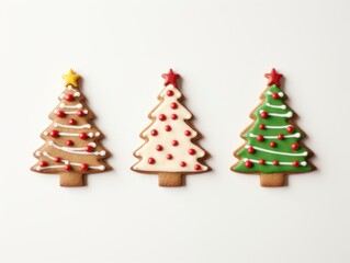 3 christmas trees gingerbread house decoration with green background.
