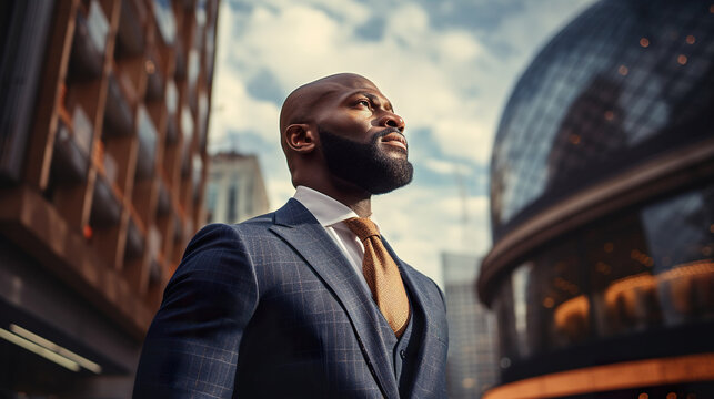 young african american businessman standing at city skyscrapers background and looking in future, entrepreneur planning business - Powered by Adobe
