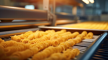 Pasta producing process, conveyor belt with raw pasta before packing. Pasta production plant, close-up. 