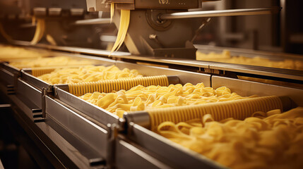 Pasta producing process, conveyor belt with raw pasta before packing. Pasta production plant, close-up.  - obrazy, fototapety, plakaty