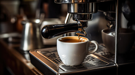 Close-up of a working coffee machine pouring fresh flavored coffee into a mug. Kitchen appliances, modern coffee maker. 