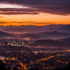 Obraz premium Metropolis surrounded by mountains in sunset