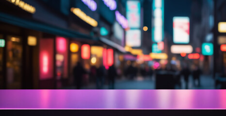 Sleek purple surface with dynamic city lights in the blurred background; ideal for technology-themed placements or digital ads. - obrazy, fototapety, plakaty