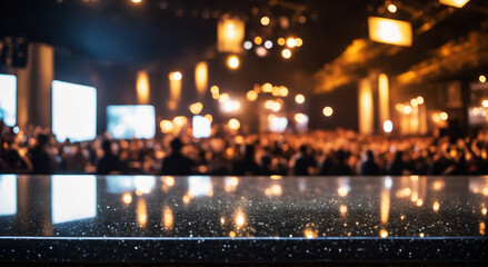 Nighttime event with glossy table for promotions and displays.