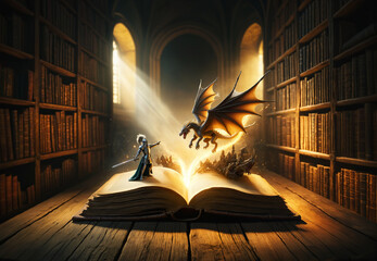 An ancient book on a wooden table springs to life with a knight and dragon leaping from the pages, shadowed by magic - obrazy, fototapety, plakaty