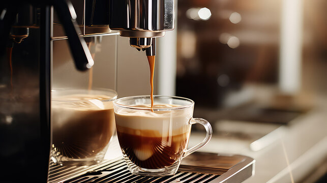 Close-up of a working coffee machine pouring fresh flavored coffee into a mug. Kitchen appliances, modern coffee maker. 