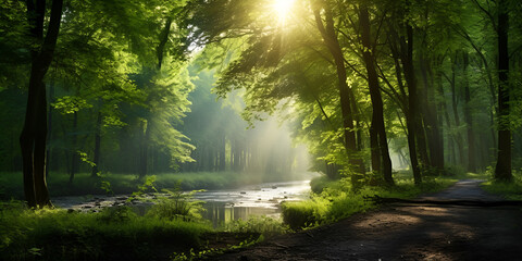 Fototapeta na wymiar Beautiful green forest with good light,,, Serenity in the Green Woodlands Generative Ai