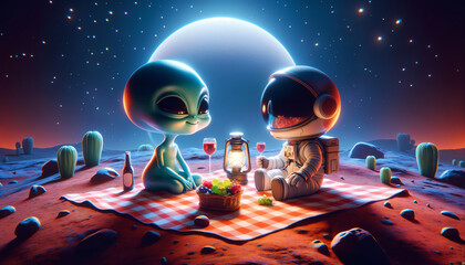 Playful alien and curious astronaut share a picnic on an alien planet, highlighting unexpected companionship in a futuristic setting. - obrazy, fototapety, plakaty