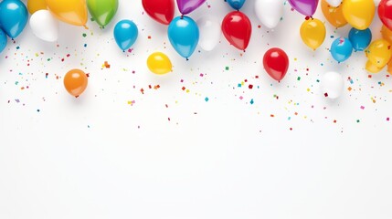 Colorful balloons on white background, confetti.