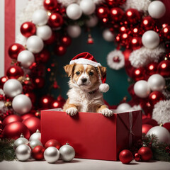 Cute puppy wearing Santa Claus red hat sits in the red box. Merry Christmas and Happy New Year decoration - balls, toys and gifts around. X-mas postcard