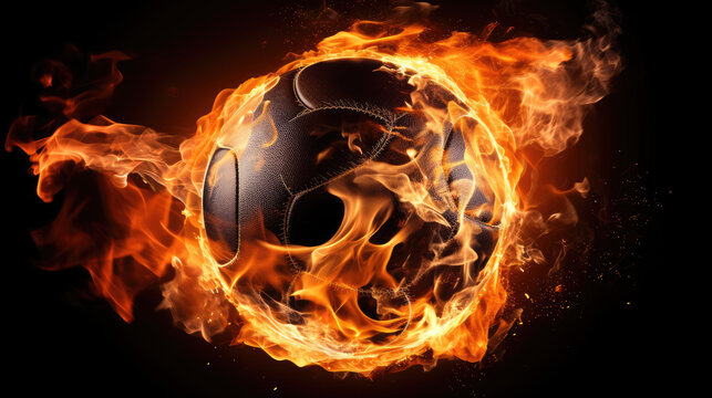 An intense and dramatic image capturing a sport ball engulfed in flames against a stark black background, radiating energy and passion.