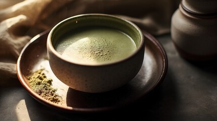 Obraz na płótnie Canvas Generative AI, Green matcha tea powder and drink, muted neutral colors. Traditional Japanese tea 