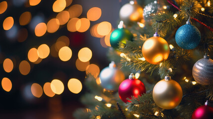 Obraz na płótnie Canvas Festive Christmas Tree with Colorful Ornaments and Lights