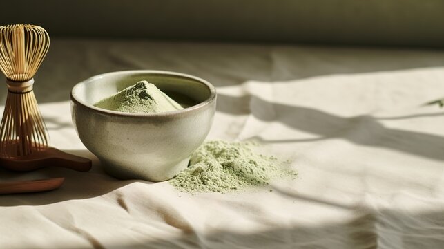 Generative AI, Green matcha tea powder and drink, muted neutral colors. Traditional Japanese tea
