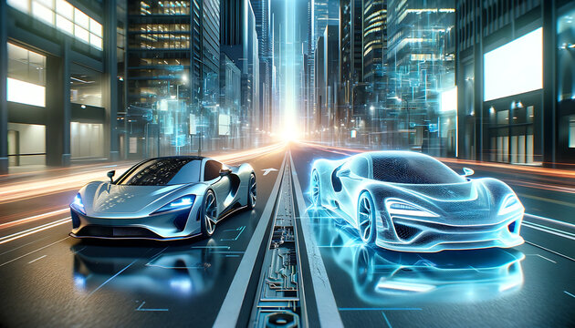 Digital twin concept of car. Wireframe rendering of sport car and mirrored physical body side by side. Vehicle 3d rendering and holographic representation on a futuristic urban background.