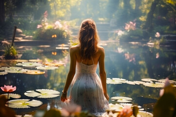 Young woman stands in water in beautiful magical garden in summer