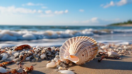 A close-up of a seashell resting on the sand