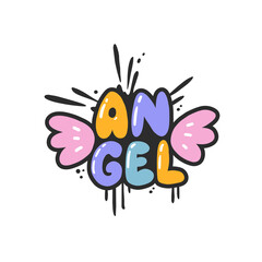 Angel. Cartoon slogan sticker in 90s and 00s pink girly style. Cute y2k bubble lettering for tee t shirt and sweatshirt. Urban graffiti with spray grunge effects. Hipster graphic street art