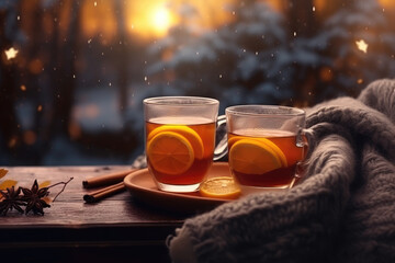 Picture of warming autumn drinks enjoyed during cold, rainy weather, embracing the hygge concept. - obrazy, fototapety, plakaty