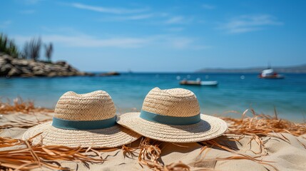 A pair sun hat resting on the sand