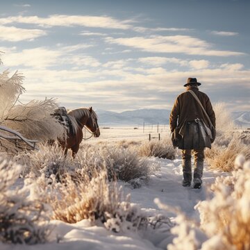 It has snowed in the American Wild West, a cowboy walks to his horse.