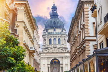 St. Stephen's Basilica in Budapest, Hungary at night. Roman catholic cathedral. Inscription I am...