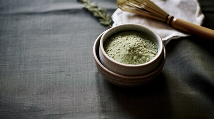 Generative AI, Green matcha tea powder and drink, muted neutral colors. Traditional Japanese tea.