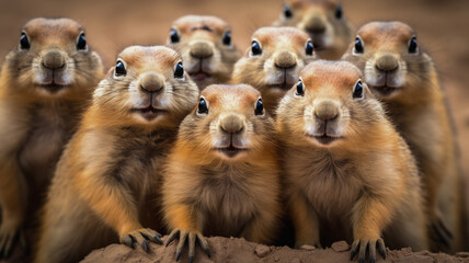 A cute group of curious prairie dogs on a mound of dirt. - obrazy, fototapety, plakaty