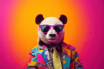 Schilderijen op glas The Dapper Panda: A Stylish, Sunglasses-Wearing Bear in a Colorful Suit © Nedrofly