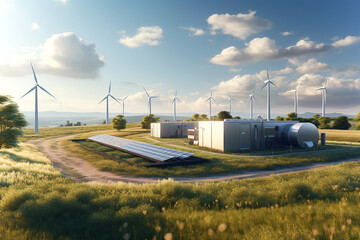 Fototapeta na wymiar Modern battery energy storage system with wind turbines and solar