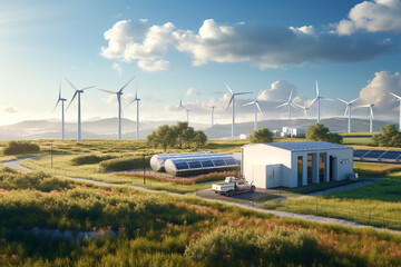 Modern battery energy storage system with wind turbines and solar - obrazy, fototapety, plakaty