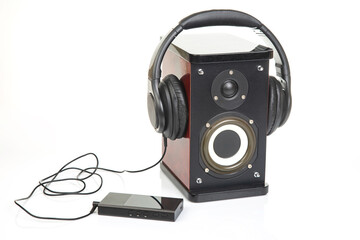 audio speakers and headphones on a white background. sound and media