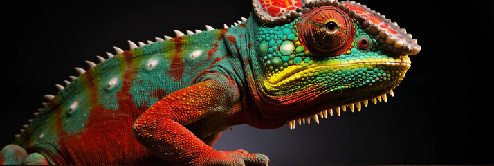 Obraz premium Closeup of colorful rainbow colored chameleon side profile view, highly detailed, macro photograph. Clear background