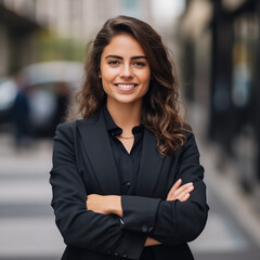 Young happy pretty smiling professional business woman, happy confident positive female entrepreneur standing outdoor on street arms crossed, looking at camera, Generative AI