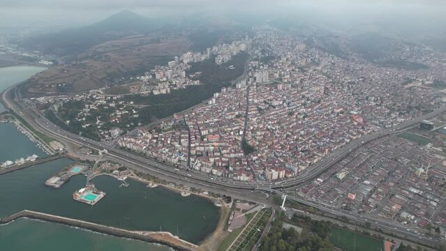 Aerial harbor and park in Samsun city center 4K