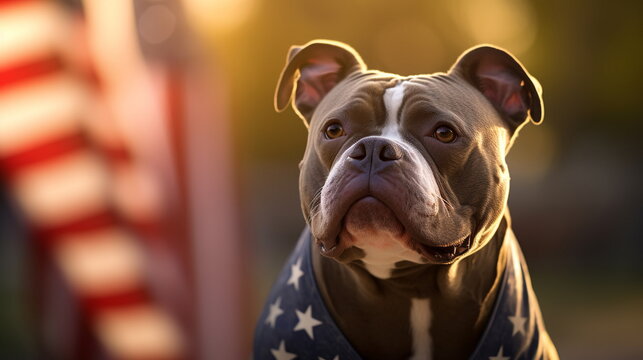 Serious patriotic dog on american flag background. American education or lifestyle concept.	
