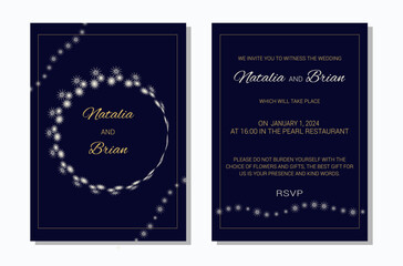 Wedding invitation layout template in winter theme. Snowflake decoration on a dark background golden text. Design of an invitation card. Vector illustration.