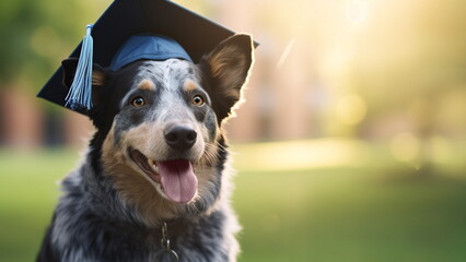 Happy smiling blue heeler or Australian cattle dog wearing university graduation hat. Australian...