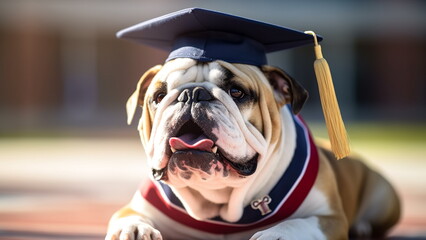 Happy smiling English bulldog dog wearing graduation cap at university campus outdoors. English or french learning language school concept. Copy space.