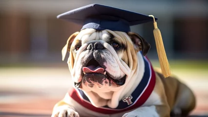 Poster Happy smiling English bulldog dog wearing graduation cap at university campus outdoors. English or french learning language school concept. Copy space. © Neira