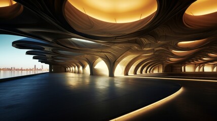 flowing fabric on top level of parking structure. wide angle, warm highlights and cool shadows.