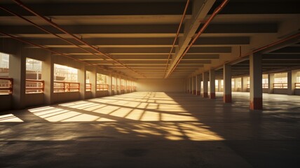 flowing fabric on top level of parking structure. wide angle, warm highlights and cool shadows.