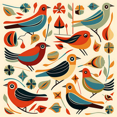 Fototapeta premium bird walpaper, wall art, background, illustrated birds, bird pattern, vintage wallpaper