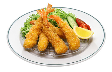 Ebi fry (Japanese fried shrimp) isolated on white background.
Japanese Ebi Fry is shrimp that has been peeled, coated in flour, dipped in egg batter, then breaded and fried in oil.