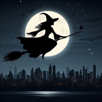 halloween witch flying over the moon