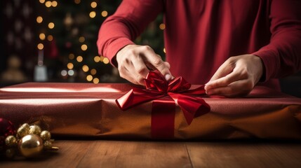 Gift Wrapping Magic. Man Preparing a Christmas Surprise